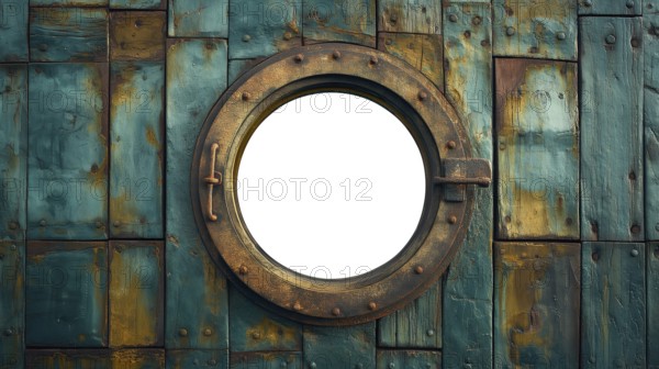 Vintage aged brass ship porthole mounted on a wooden hull with a white background. generative AI,