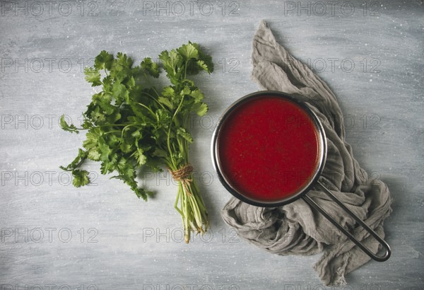 Tomato sauce with pepper and spices, Satsebeli, Georgian cuisine, red sauce, top view, homemade, no