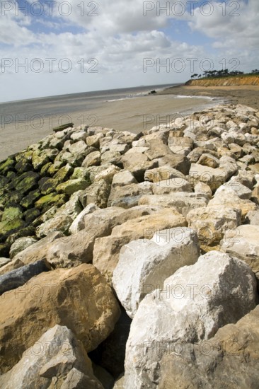 Rock armour barriers to control coastal erosion, Bawdsey, Suffolk, England, United Kingdom, Europe