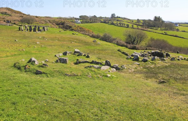Drombeg stone circle, County Cork, Ireland, Irish Republic roundhouse Fulacht fiadh structure in