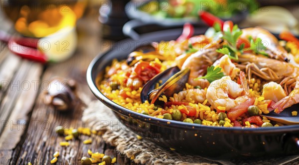 Authentic seafood paella senyoret on a wooden table., AI generated