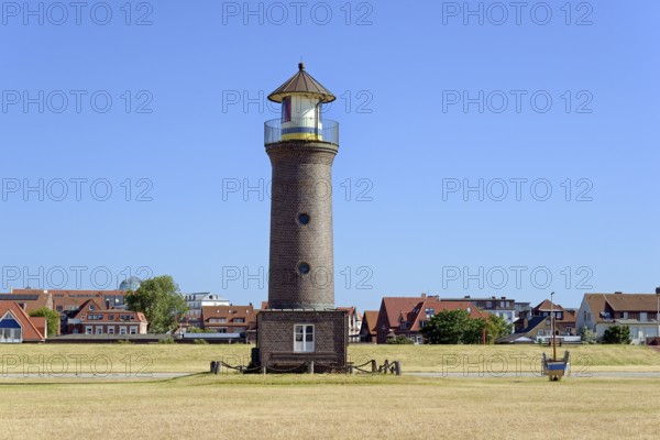 Lighthouse Memmertfeuer, blue sky, North Sea, Juist, East Frisian Islands, Lower Saxony, Germany,
