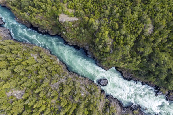 Futaleufu river flowing in a deep gorge, near viewpoint Mirador del Diablo, aerial view, Patagonia,