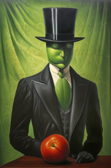 Surrealist representation of a man with a green face, a black top hat and a red apple in hand, AI