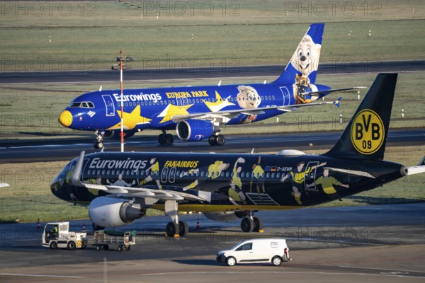 Eurowings Airbus A320, D-ABDQ, Europa-Park, aircraft after landing at Düsseldorf Airport, Eurowings