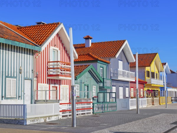 Traditional wooden striped houses, Costa Nova do Prado, Aveiro, Portugal, Europe