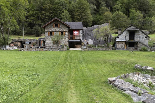 Typical Ticino stone houses in the village of Sonogno, Verzasca Valley, Valle Verzasca, Canton