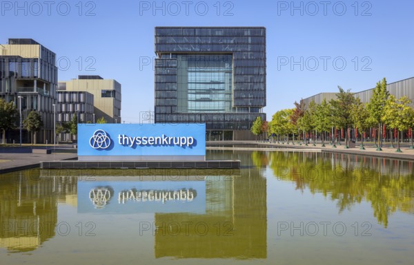Essen, North Rhine-Westphalia, Germany, ThyssenKrupp, company logo in front of the headquarters.