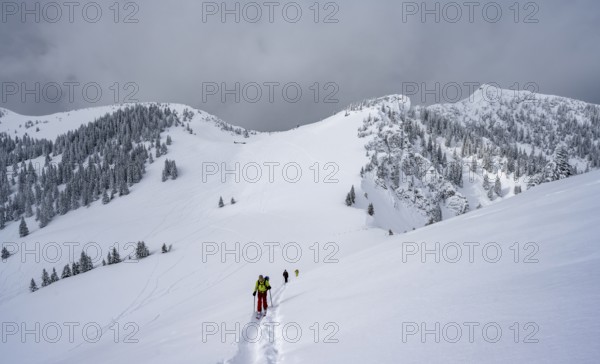 Ski tourers on the ascent to Raukopf, mountain landscape in the snow, mountain peaks Tanzeck and
