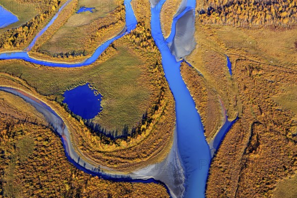 Lake, river, river delta, autumn colours, autumn, mountains, sunny, aerial view, Rapadalen,