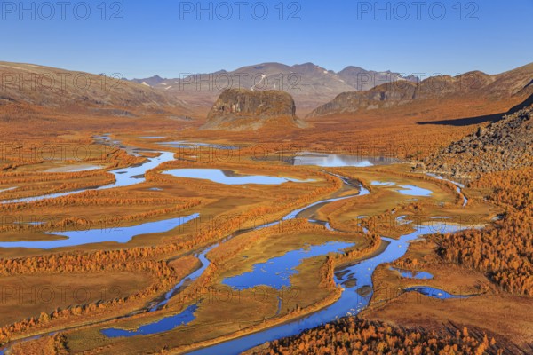 Lake, river, river delta, autumn colours, autumn, mountains, sunny, aerial view, Rapadalen, view of