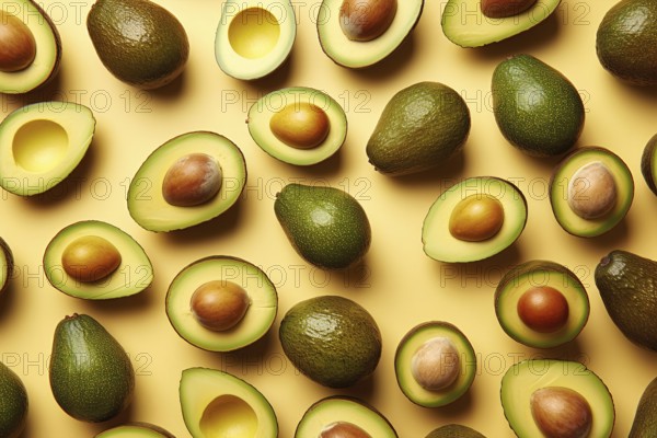 Top view of many whole and halved avocados. KI generiert, generiert AI generated