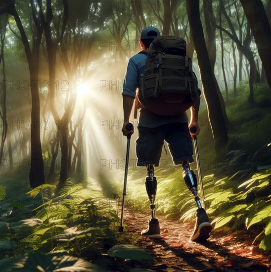 A man with an amputated leg and prosthesis walks through the forest, symbolic image people with