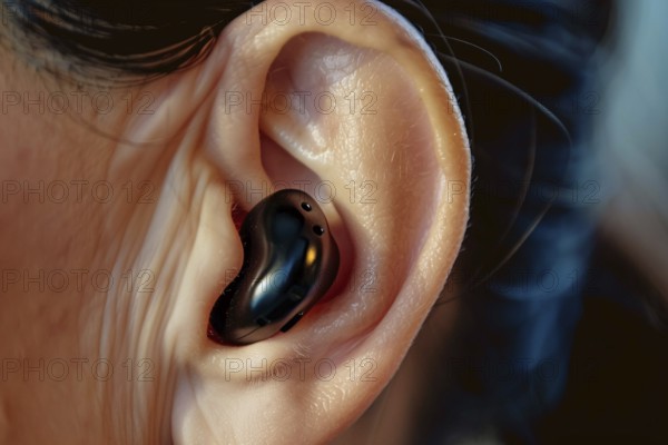 Small black hearing aid in person's ear. KI generiert, generiert, AI generated