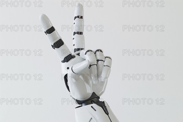 Artificial intelligence robot hand showing peace sign. KI generiert, generiert, AI generated