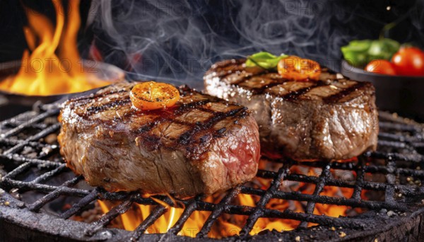 Food, dishes, two beef steaks on a charcoal grill with glowing charcoal, KI generated, AI generated