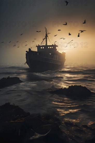Silhouette of a sunken ship off a foggy coast seagulls circling above, AI generated