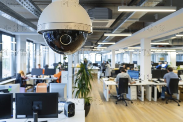 A surveillance camera, CCTV, in an open-plan office, office building, AI generated, AI generated,