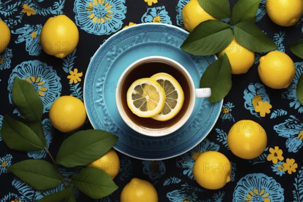 Top view of cup of lemon tea surrounded by fruits. KI generiert, generiert, AI generated