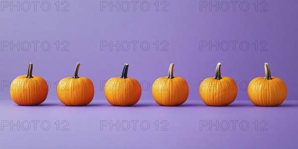 Small orange pumpkins in a row on puprple background. Generative Ai, AI generated