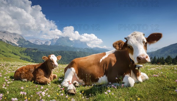A brown cow and a calf resting on an alpine meadow, Studio, KI generated, AI generated