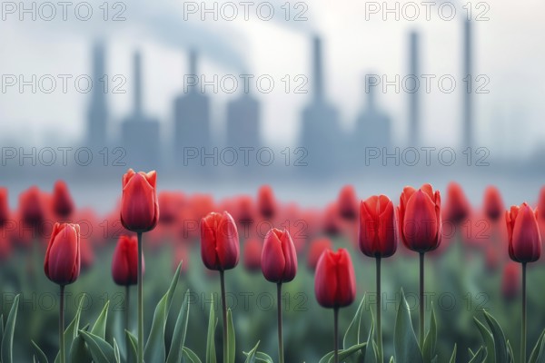 Field with red tulip flowers and factory with grey fumes in background. Generative Ai, AI generated