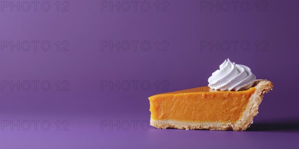 Banner with slice of pumpkin pie with cream on purple violet background with copy space. Generative
