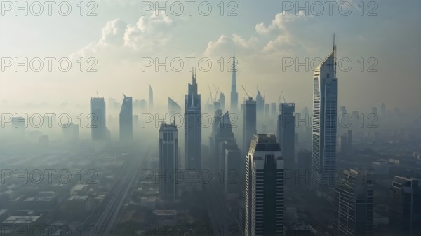 Aerial view of a mega city with smog and pollution, AI generated