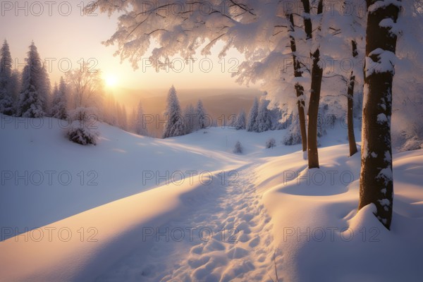 Footprints in fresh snow on a hill with a row of trees in winter in golden sunrise light, AI