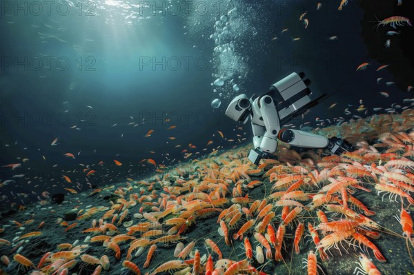Robot studying swarm of shrimps in deep seabed, AI generated