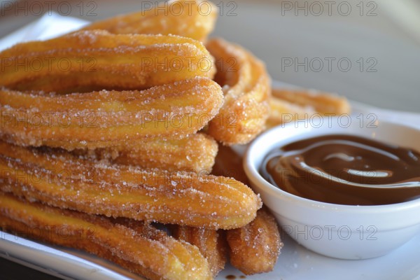 Close up of Churros with chocolate sauce. A fried dough dessert from Spanish and Portuguese cuisine