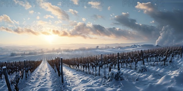AI generated aerial view of winter in the vineyard with snow blankets dormant vines and ambient