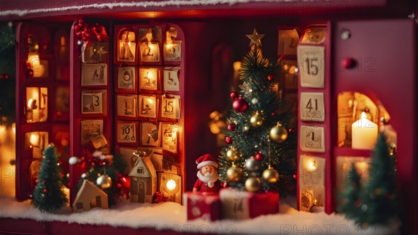 Traditional advent calendar door opening, showing a tiny festive scene inside with miniature