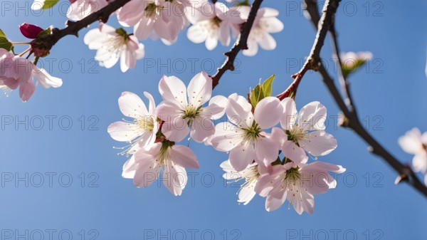 Blooming cherry blossoms with soft pink petals against a clear blue sky, with delicate sunlight