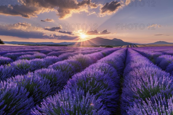 Lavender field (Lavendula) in full bloom on a summer evening, at sunset AI generated, AI generated,
