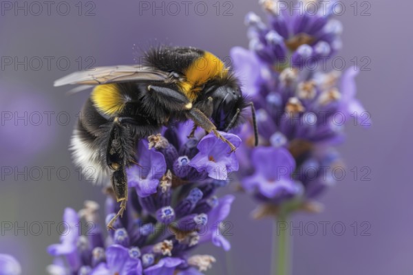 Large earth bumblebee (Bombus terrestris) on lavender flower (Lavendula), AI generated, AI