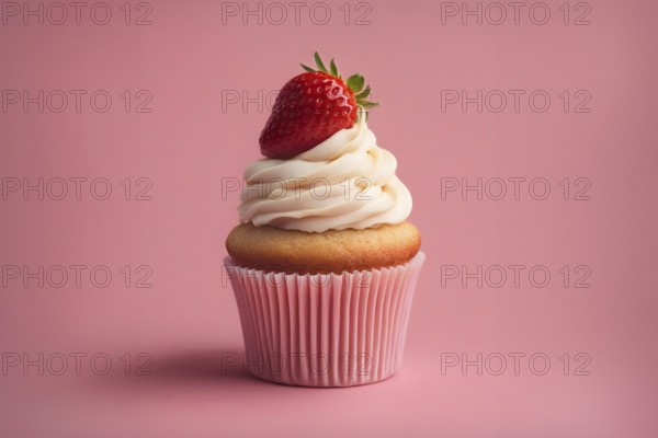Single strawberry fruit cupcake with frosting on pastel pink colored background. Generative AI, AI