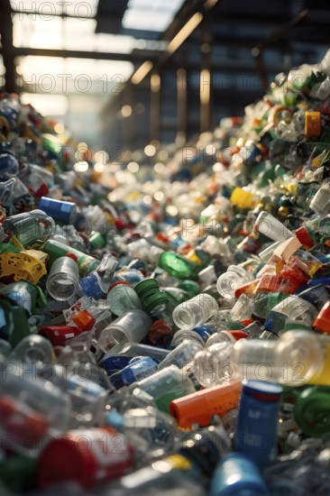 Plastic recycling process with shredded pet bottles and assorted plastic waste compressed, AI