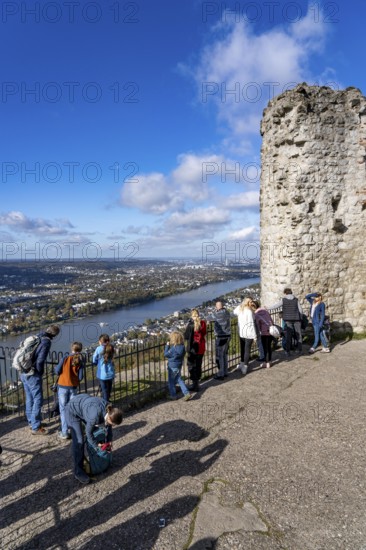 View from the ruins of Drachenfels Castle, on the Rhine towards Bonn, tourists, the Drachenfels is
