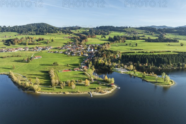 Sports facility and bathing area, lake Rottachsee, village Petersthal, autumn, aerial view,