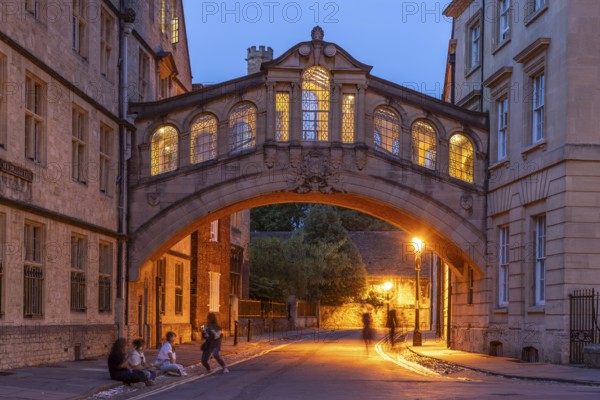 Hertford Bridge or Bridge of Sighs at dusk Oxford, Oxfordshire, England, United Kingdom, Europe