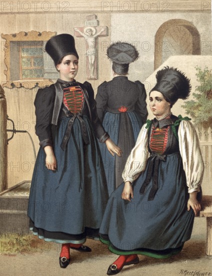 Traditional costumes in Germany around 1820, Vorarlberg, Montafon, Three woman in Tyrolean costumes