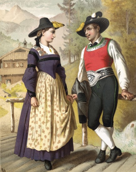 Traditional costumes in Germany around 1820, Tyrol, Zillertal, couple in traditional traditional