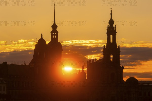 Sunset over Dresden's historic city centre with Ständehaus, Georgentor, Residenzschloss and