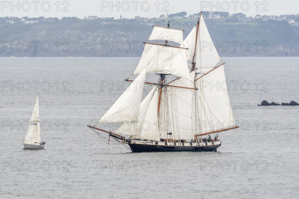 Large old traditional sailing boat in a bay on the Atlantic. Camaret sur mer, Crozon, Finistere,