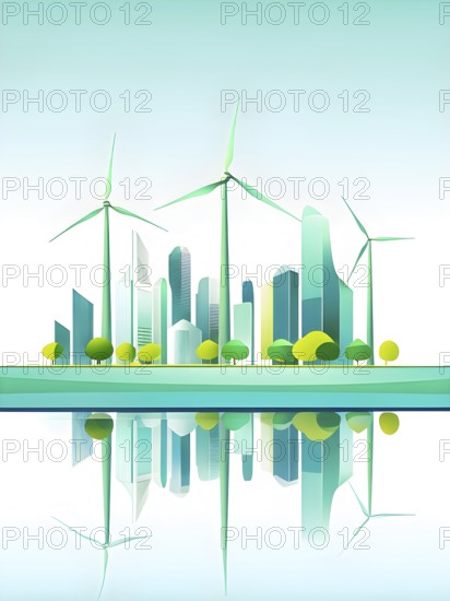 Abstract visual illustration of a city skyline where buildings morph into wind turbines and tree,