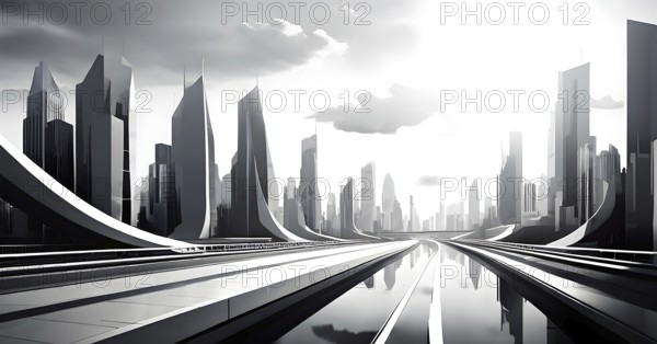 Modern city skyline using clean lines and geometric forms, with rectangular buildings and smooth,