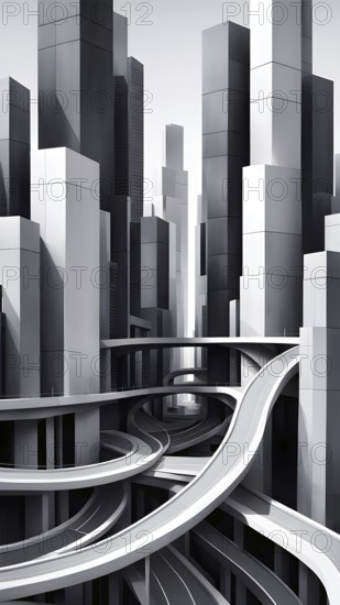 Modern city skyline using clean lines and geometric forms, with rectangular buildings and smooth,