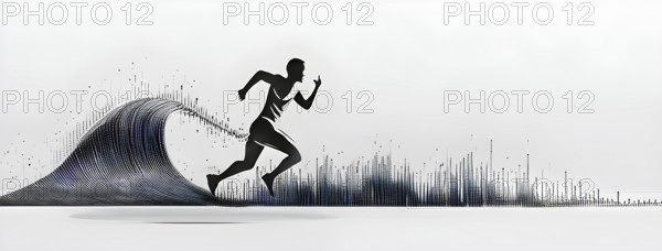 Wave of data points shaping into a runners silhouette, abstract illustration in black and white,
