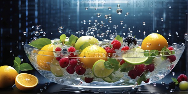 Vibrant illustration of a bowl brimming with a cascade of fresh fruits and vegetables, AI generated